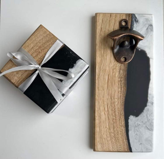 Magentic Resin Bottle Opener & Resin Coasters Gift Pack - Black & White